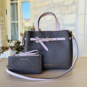 MICHAEL KORS EMILIA Large Logo Satchel/ Double Zip Wallet Wristlet Powder Blush